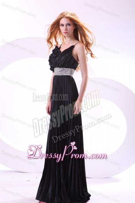 Empire Black Spaghetti Straps Long Pleats and Beading Prom Dress