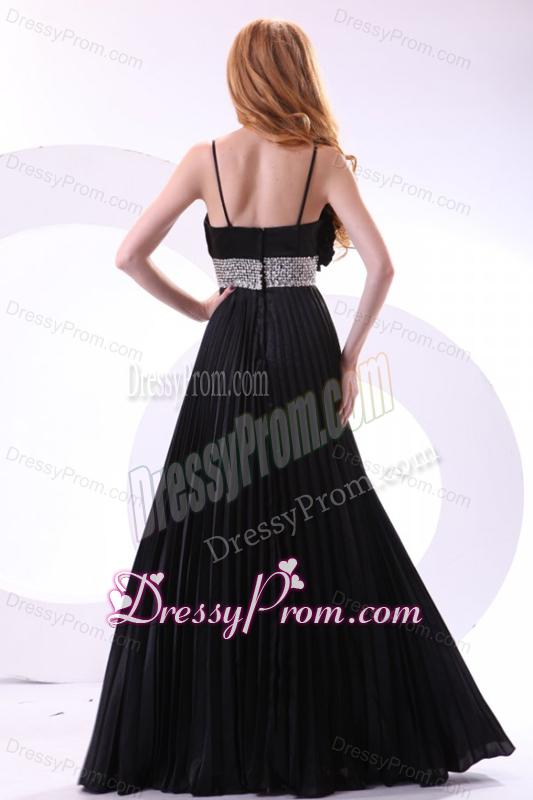 Empire Black Spaghetti Straps Long Pleats and Beading Prom Dress