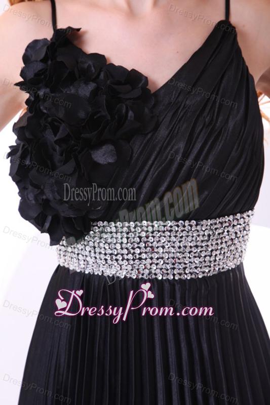 Empire Black Spaghetti Straps Long Pleats and Beading Prom Dress