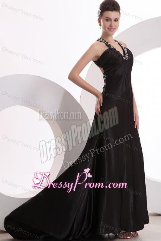 Empire Black V-neck Beading and High Silt Prom Dress with Brush Train