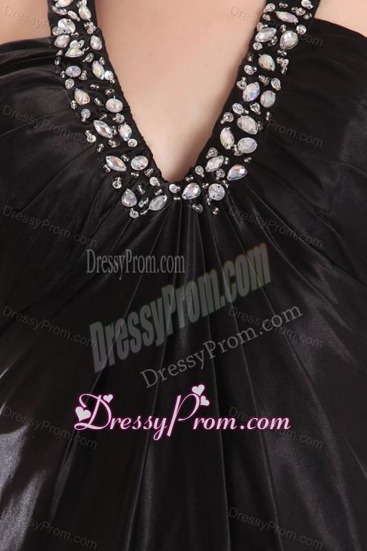 Empire Black V-neck Beading and High Silt Prom Dress with Brush Train