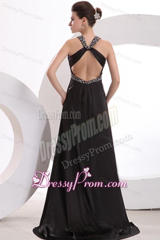 Empire Black V-neck Beading and High Silt Prom Dress with Brush Train