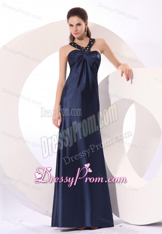 Empire Halter Navy Blue Beading Long Elastic Woven Satin Prom Dress