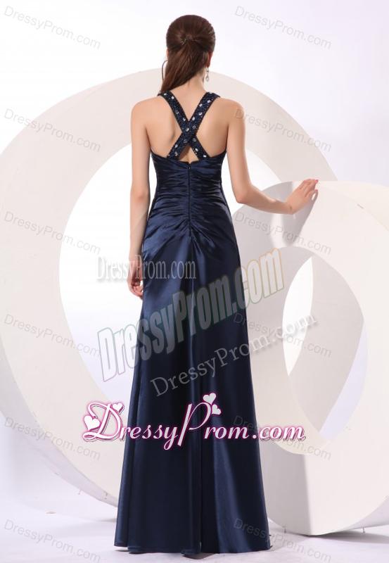 Empire Halter Navy Blue Beading Long Elastic Woven Satin Prom Dress