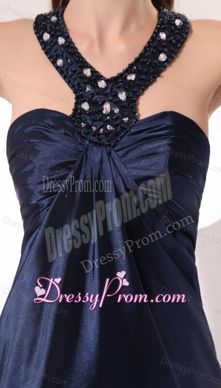 Empire Halter Navy Blue Beading Long Elastic Woven Satin Prom Dress
