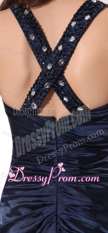 Empire Halter Navy Blue Beading Long Elastic Woven Satin Prom Dress