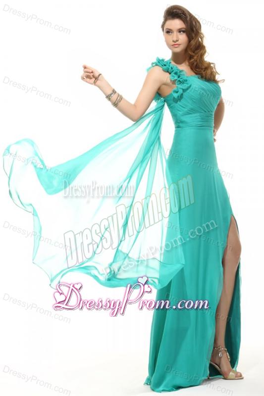Empire Turquoise One Shoulder Chiffon Watteau Train Ruching Prom Dress