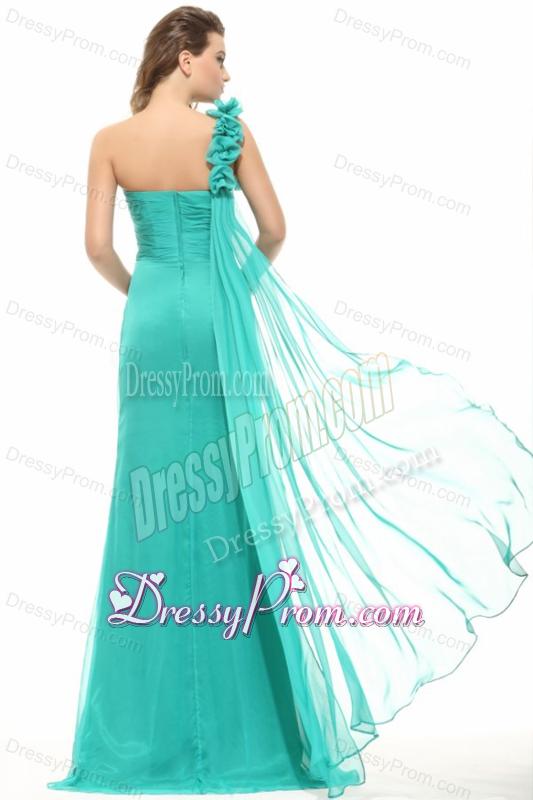 Empire Turquoise One Shoulder Chiffon Watteau Train Ruching Prom Dress
