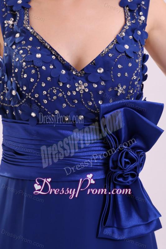 Empire V-neck Blue Blue Beading and Bowknot Taffeta Prom Dress