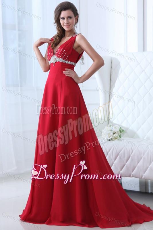 Empire V-neck Brush Train Beading Chiffon 2014 Spring Red Prom Dress