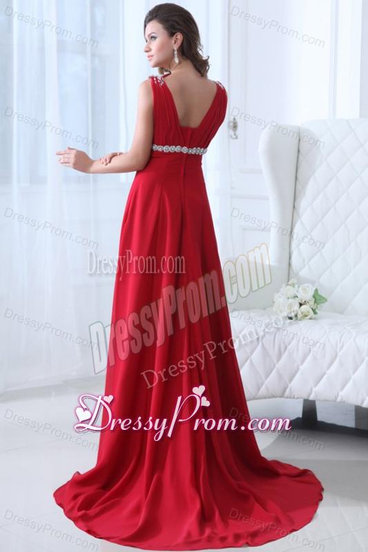 Empire V-neck Brush Train Beading Chiffon 2014 Spring Red Prom Dress