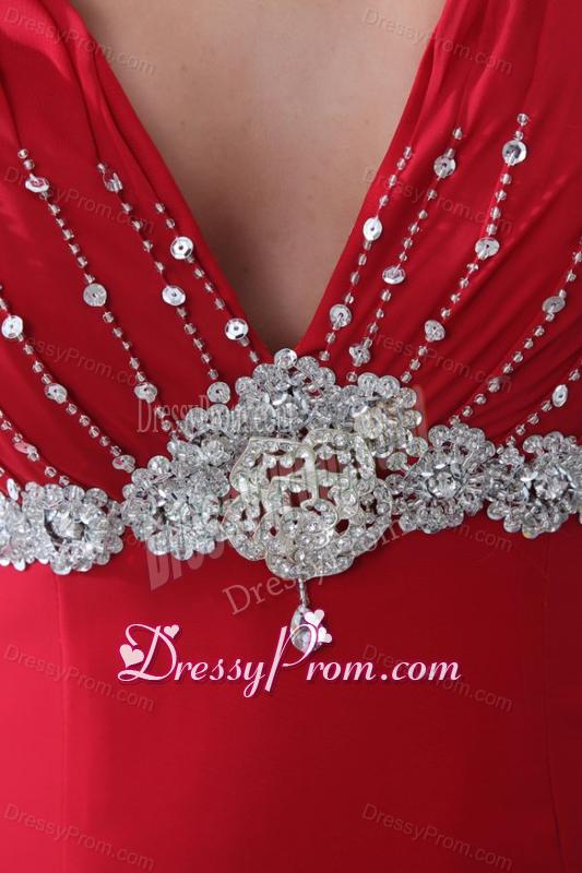 Empire V-neck Brush Train Beading Chiffon 2014 Spring Red Prom Dress