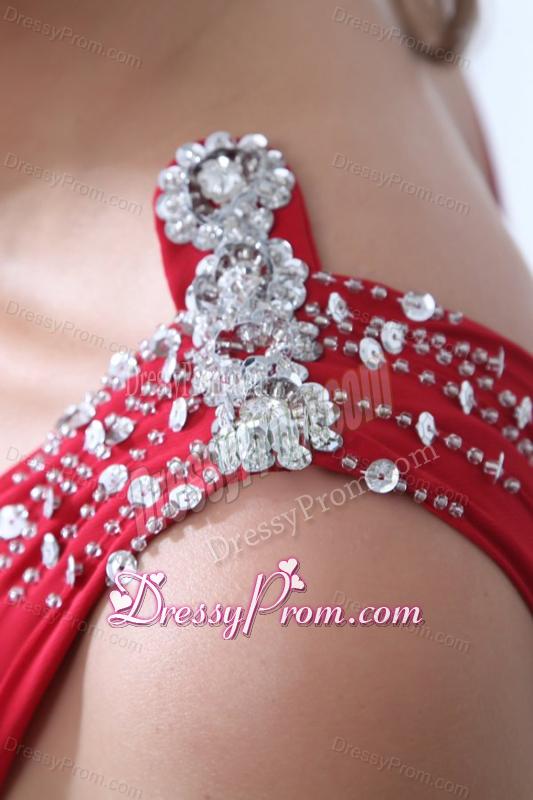 Empire V-neck Brush Train Beading Chiffon 2014 Spring Red Prom Dress