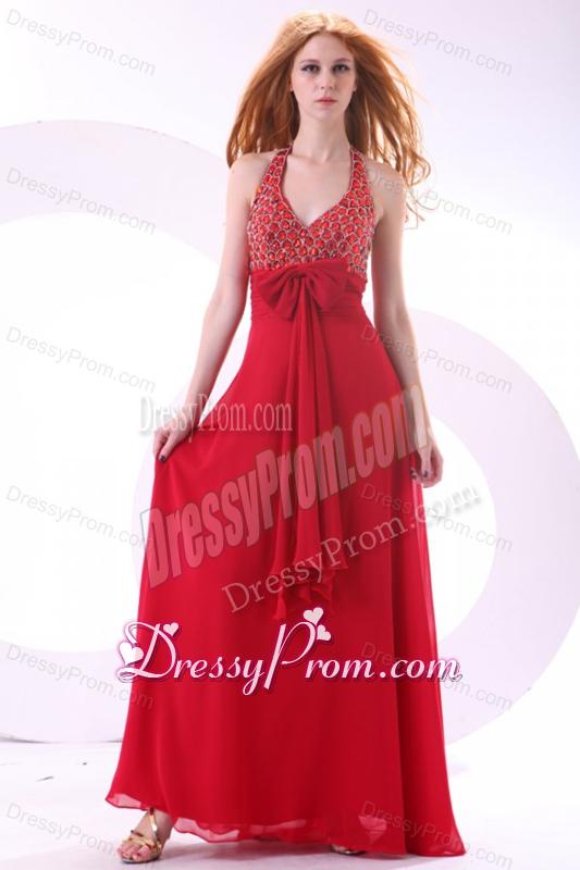 Empire Wine Red Halter Top Beading Bow Chiffon Prom Dress
