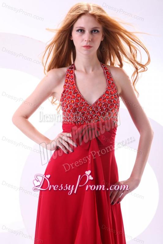 Empire Wine Red Halter Top Beading Bow Chiffon Prom Dress