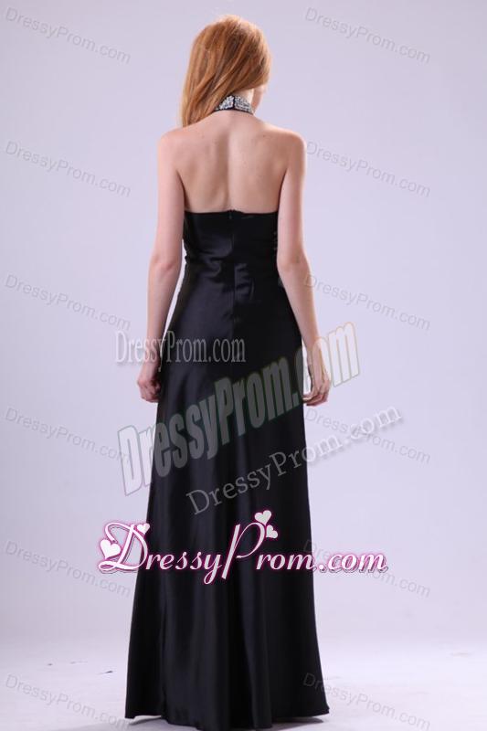 Fashionable Black Column Halter Top Neck Prom Dress with Beading