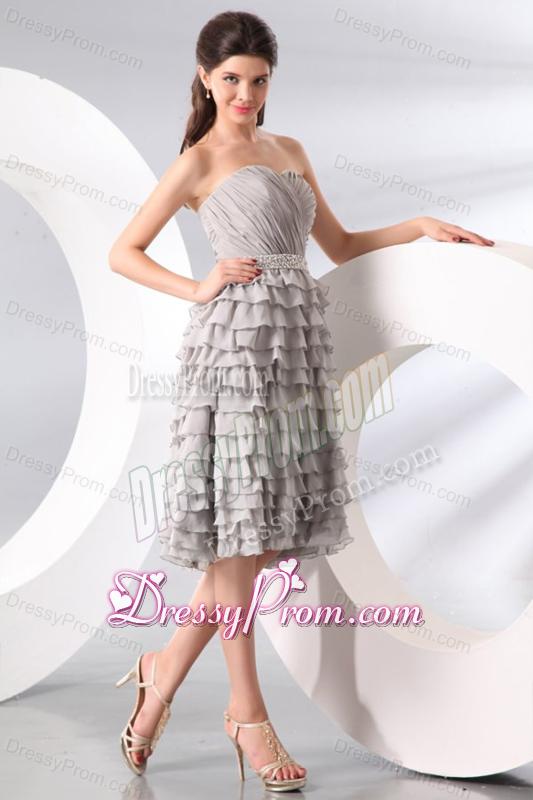 Gray Ruffled Layers Sweetheart Prom Dress with Knee-length