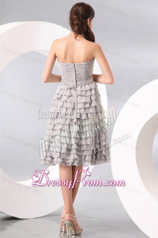 Gray Ruffled Layers Sweetheart Prom Dress with Knee-length