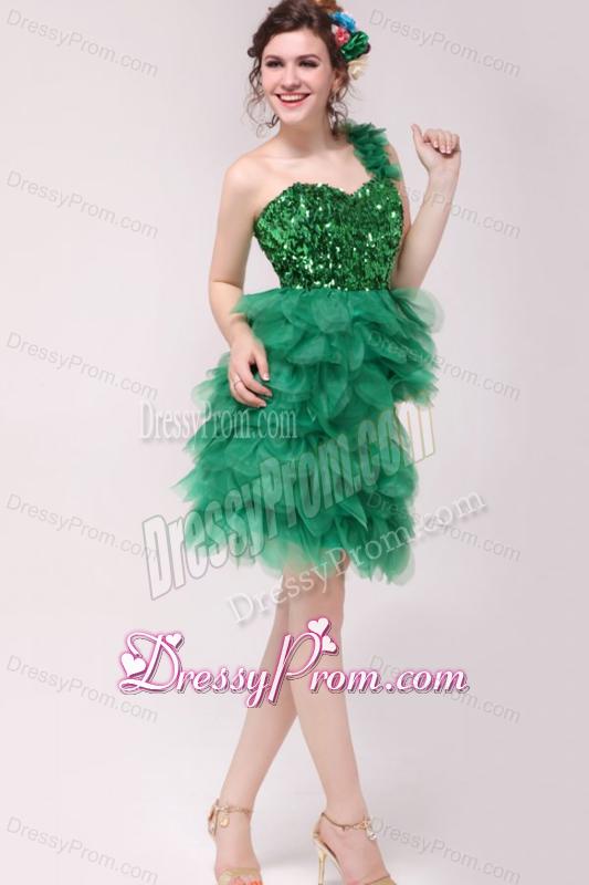 Green A-line One Shoulder Sequins and Ruffles Prom Dress