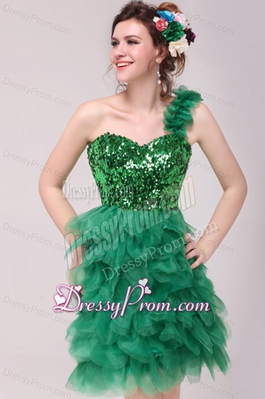 Green A-line One Shoulder Sequins and Ruffles Prom Dress