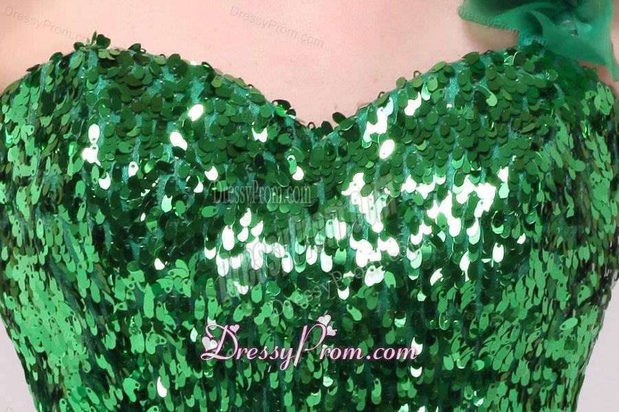 Green A-line One Shoulder Sequins and Ruffles Prom Dress