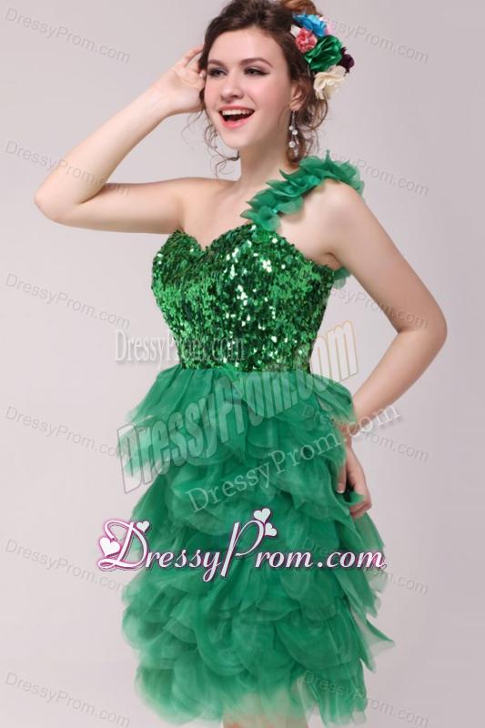 Green A-line One Shoulder Sequins and Ruffles Prom Dress