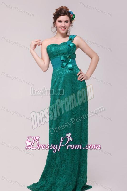 Informal Column One Shoulder Floor-length Lace Green Prom Dresses