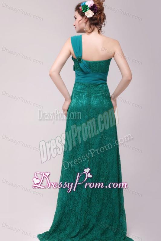 Informal Column One Shoulder Floor-length Lace Green Prom Dresses