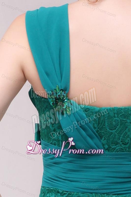 Informal Column One Shoulder Floor-length Lace Green Prom Dresses