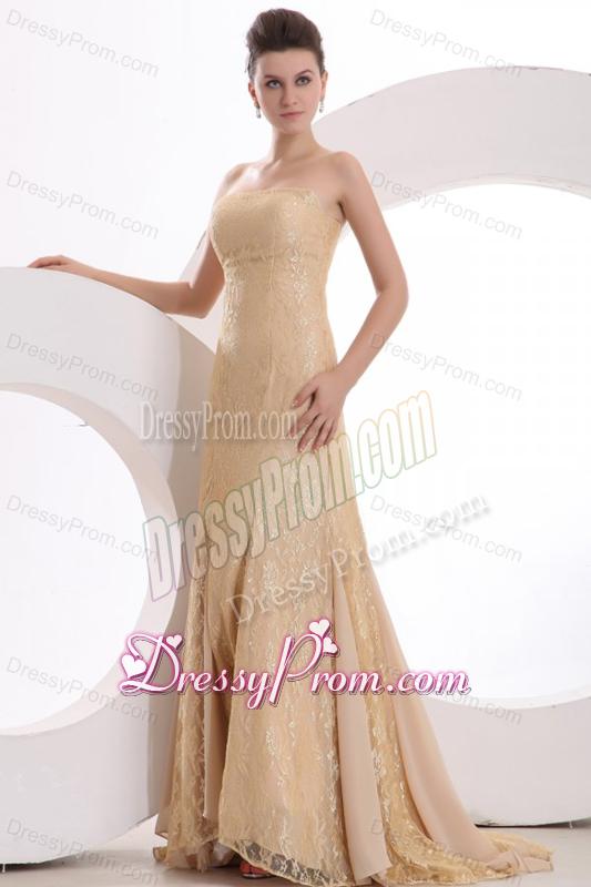 Informal Column Strapless Brush Train Lace Champagne Prom Dress