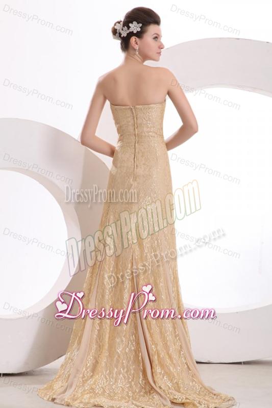Informal Column Strapless Brush Train Lace Champagne Prom Dress