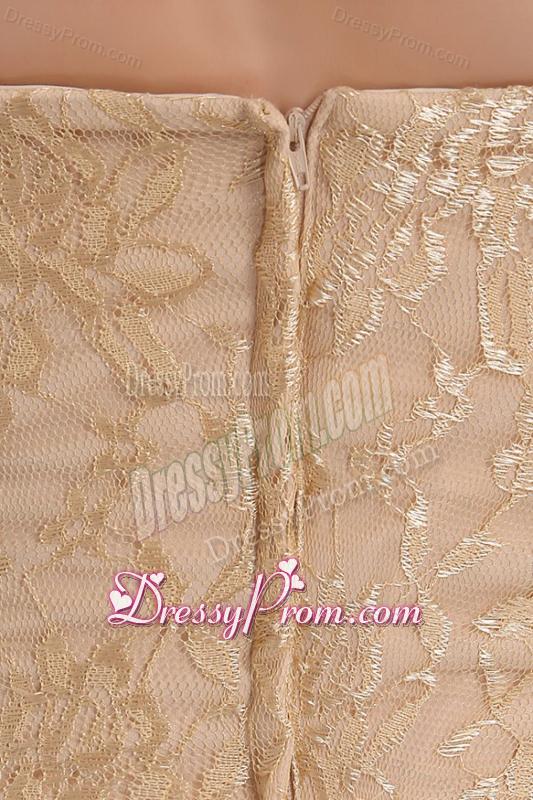 Informal Column Strapless Brush Train Lace Champagne Prom Dress