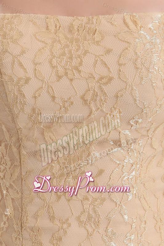 Informal Column Strapless Brush Train Lace Champagne Prom Dress