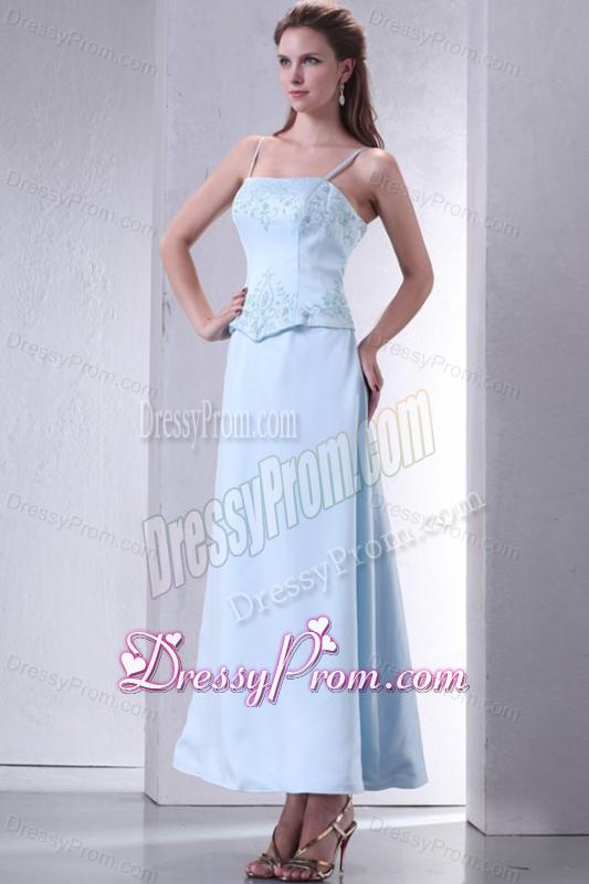 Light Blue Empire Spaghetti Straps Prom Dress with Embroidery