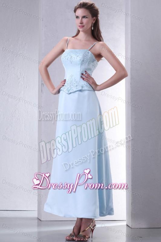 Light Blue Empire Spaghetti Straps Prom Dress with Embroidery