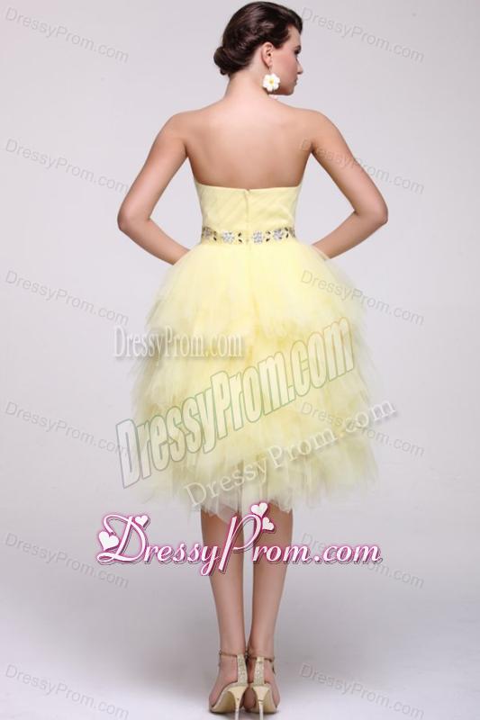 Light Yellow A-line Strapless Beaded Prom Dress with Layers