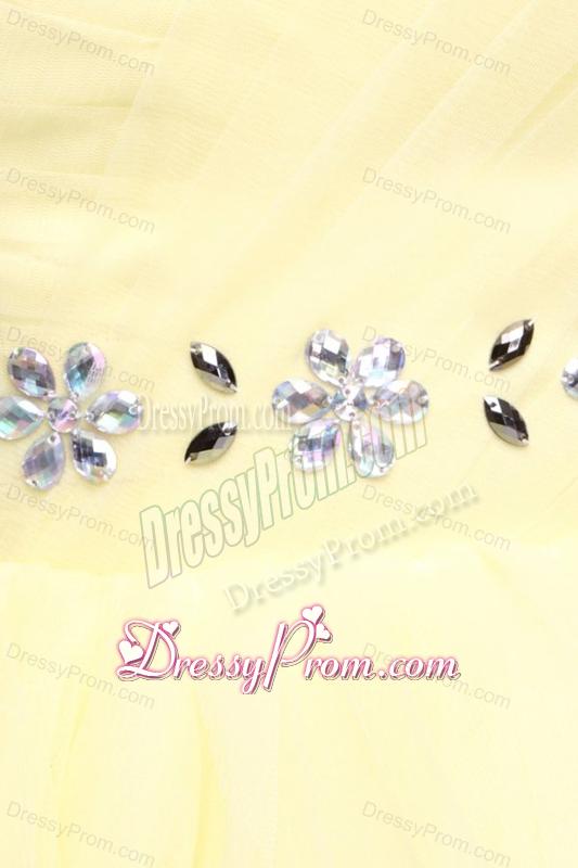 Light Yellow A-line Strapless Beaded Prom Dress with Layers