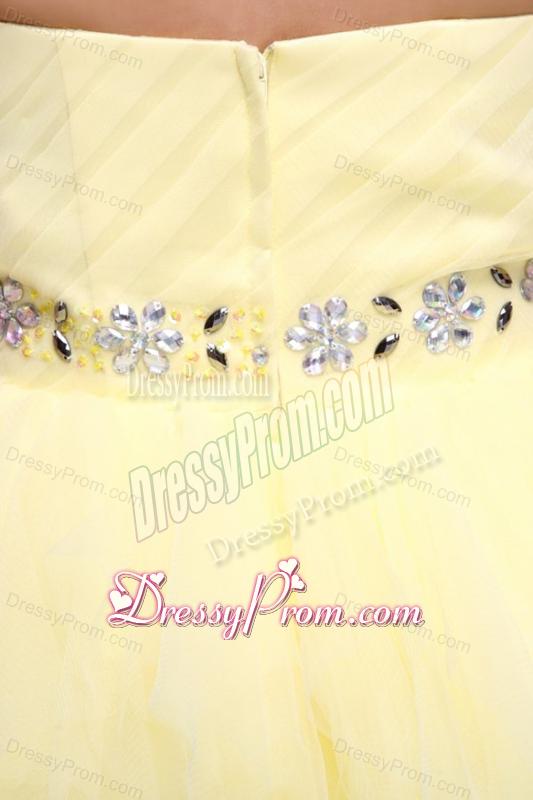 Light Yellow A-line Strapless Beaded Prom Dress with Layers