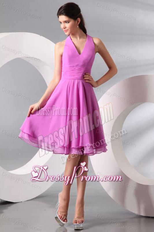 Lilac Halter Top Ruching Knee-length Chiffon Prom Dress