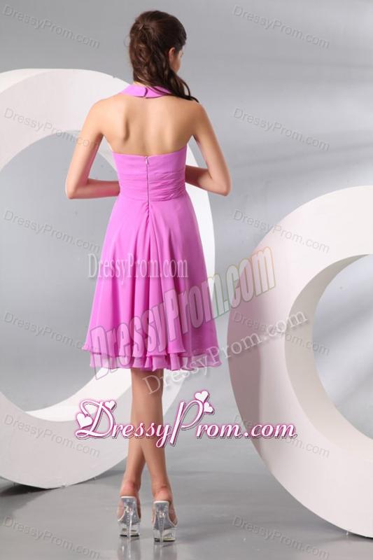 Lilac Halter Top Ruching Knee-length Chiffon Prom Dress