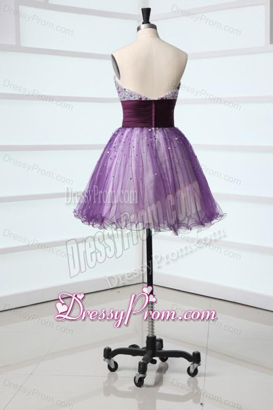 Lovely A-line Strapless Purple Mini-length Beading Tulle Prom Dress