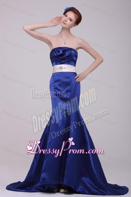 Mermaid Strapless Brush Train Navy Blue Taffeta Sashes Prom Dress