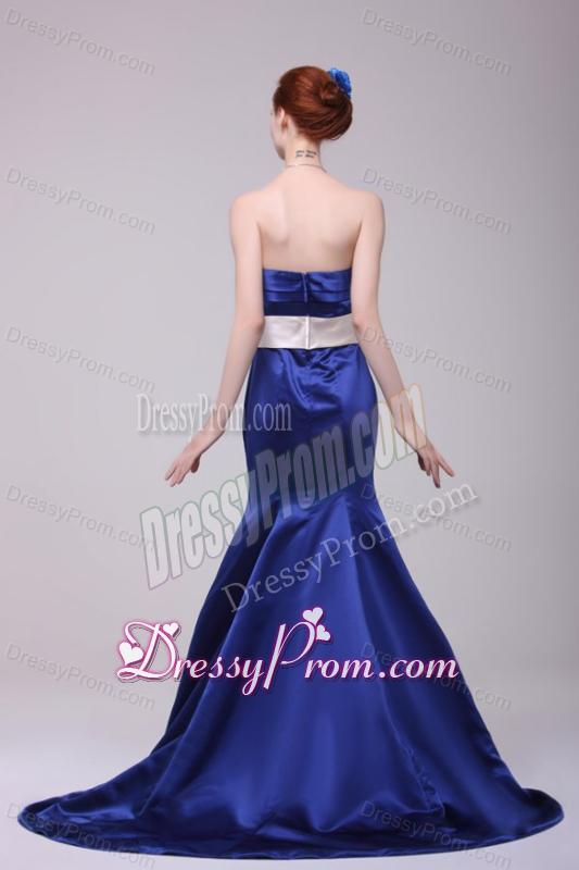 Mermaid Strapless Brush Train Navy Blue Taffeta Sashes Prom Dress
