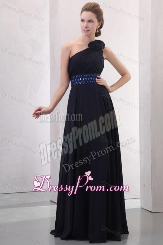 Navy Blue Empire One Shoulder Prom Dress with Beading and Flower