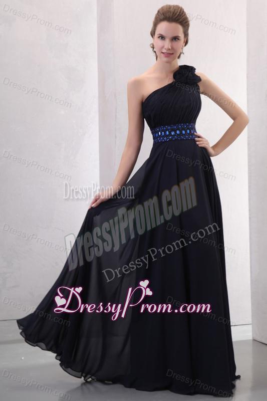 Navy Blue Empire One Shoulder Prom Dress with Beading and Flower