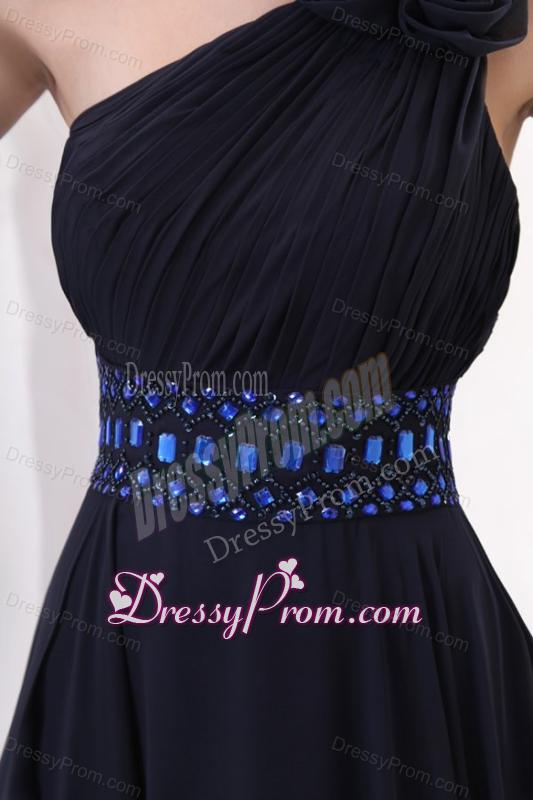 Navy Blue Empire One Shoulder Prom Dress with Beading and Flower