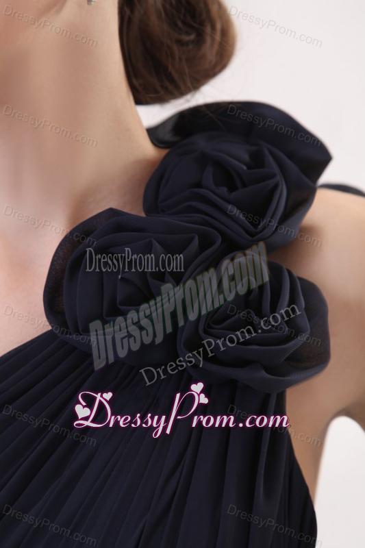 Navy Blue Empire One Shoulder Prom Dress with Beading and Flower