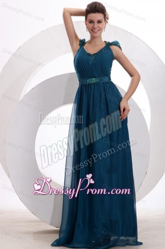 Navy Blue V-neck Cap Sleeves Beaded Decorate Brush Train Prom Dress