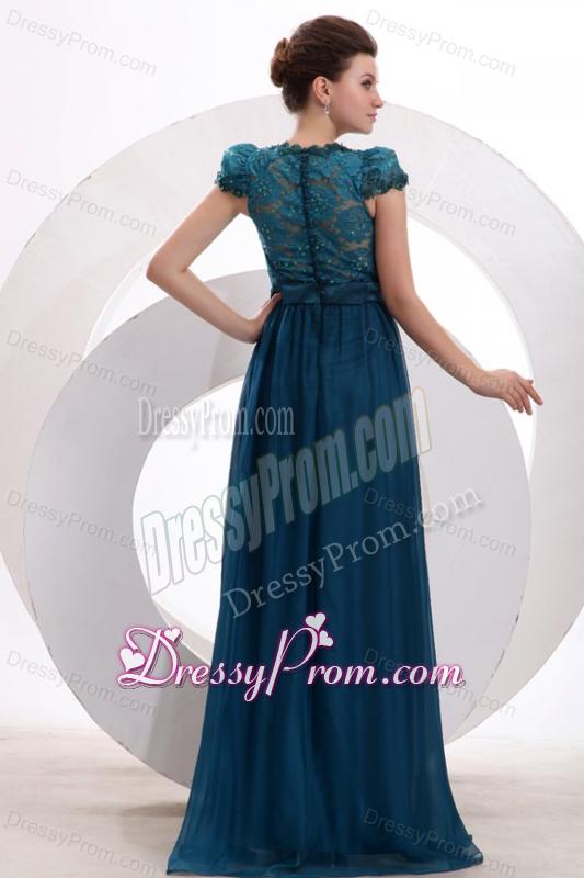 Navy Blue V-neck Cap Sleeves Beaded Decorate Brush Train Prom Dress
