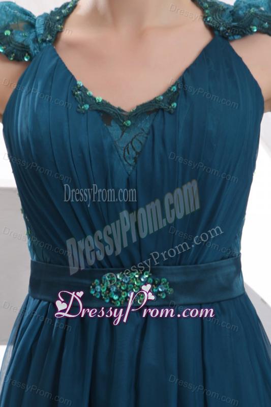 Navy Blue V-neck Cap Sleeves Beaded Decorate Brush Train Prom Dress